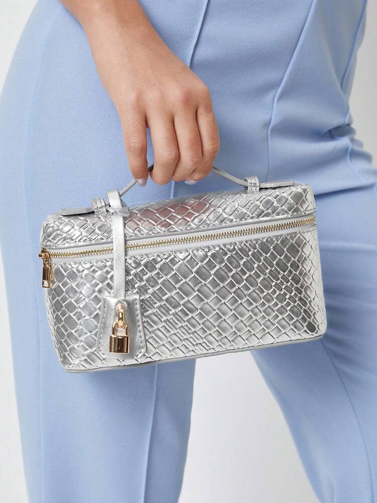 SHEIN SXY Ladies, Women Top Handle Bags ,Woven Bags, Fashionable, Simple, Elegant, Versatile, Classic, Woven PU,Red Bag,Metal Padlock Decoration,For Commute, Office,Date, Daily,Shopping, Afternoon Tea | SHEIN