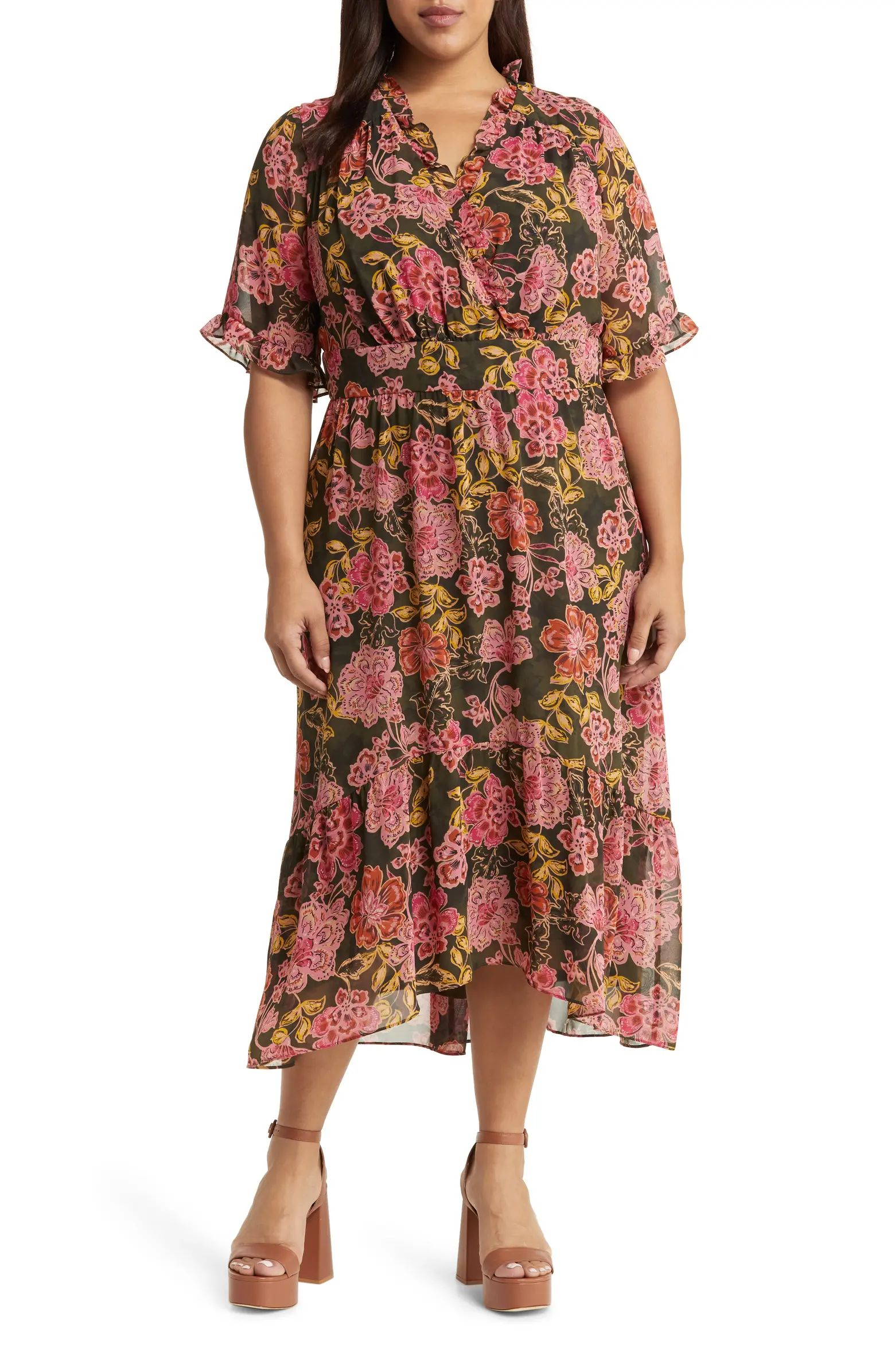 Floral Ruffle Faux Wrap Midi Dress | Nordstrom
