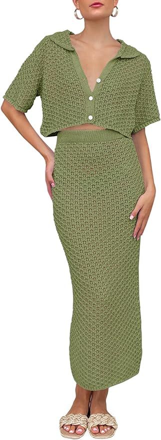 Saodimallsu Women Crochet Beach Cover Up Set Knit Crop Button Short Sleeve Collar Top Bodycon Lon... | Amazon (US)