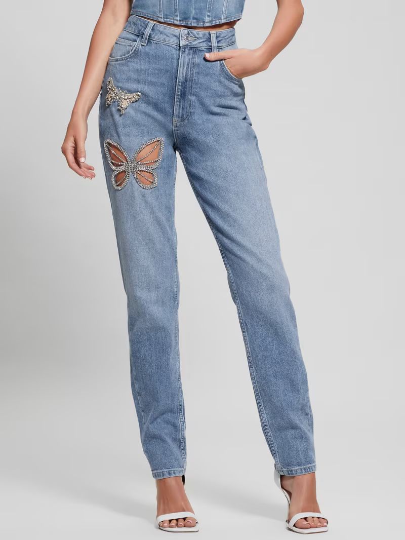 Rhinestone Butterfly High-Rise Mom Jeans | Guess (US)