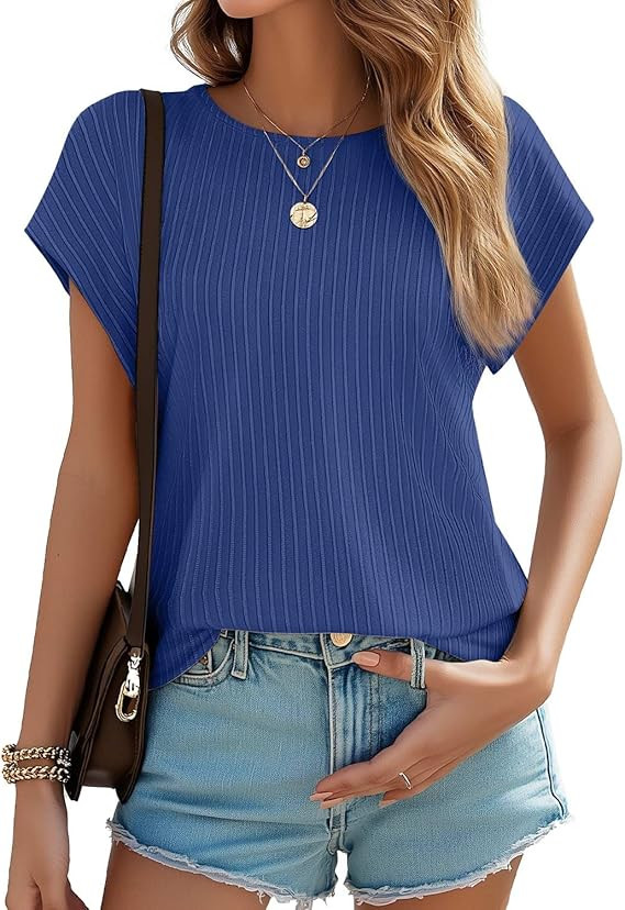 JUSTFASHIONNOW Womens Short Sleeve Blouses Business Casual Tops Crew Neck Basic Tees Textured Wor... | Amazon (US)