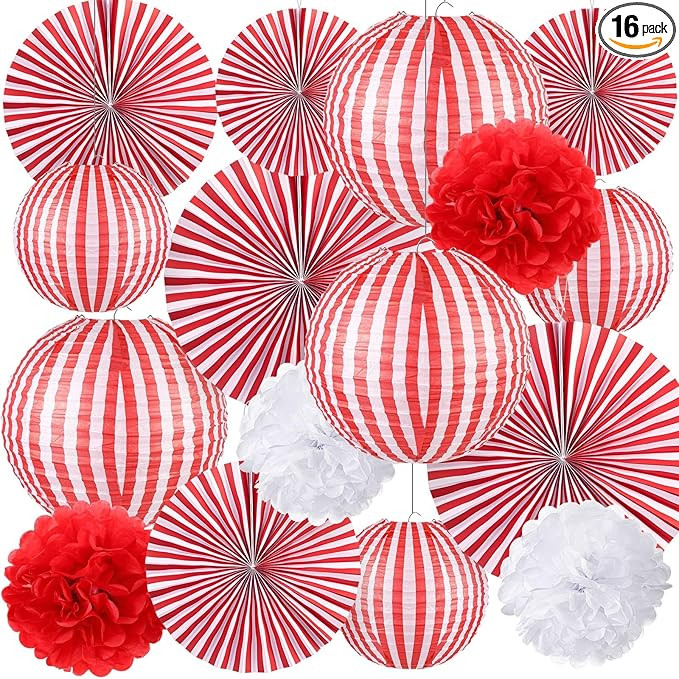 Hortsun 16 Pcs Carnival Circus Party Decorations Red and White Stripes Paper Lanterns Fans Paper ... | Amazon (US)