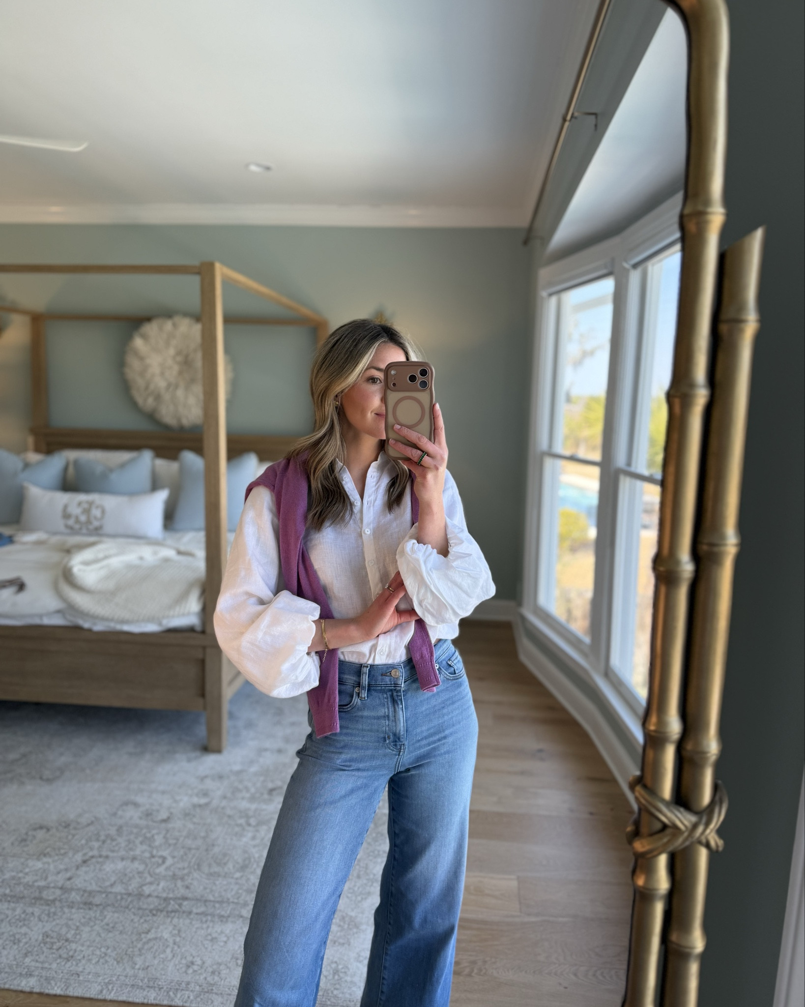 my easy everyday uniform lately! crisp white blouse, good jeans, and a little sweater thrown over the shoulders just works every time. it’s simple but still looks put together, which is really all i want most days. all from boden. wearing a S in everything, runs TTS! also, 20% off boden today through sunday!  

 #LTKdayinmylife #LTKgrwm #LTKootd