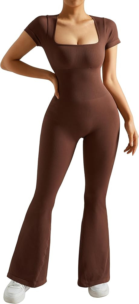 MOOSLOVER Women Ribbed One Piece Flare Jumpsuits Sleeveless Square Neck Tank Tops Rompers | Amazon (US)