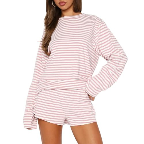 RUEWEY Women Striped Pajamas Set Crewneck Long Sleeve Loose Top Shorts Two Piece Lounge Sets (Pin... | Amazon (US)