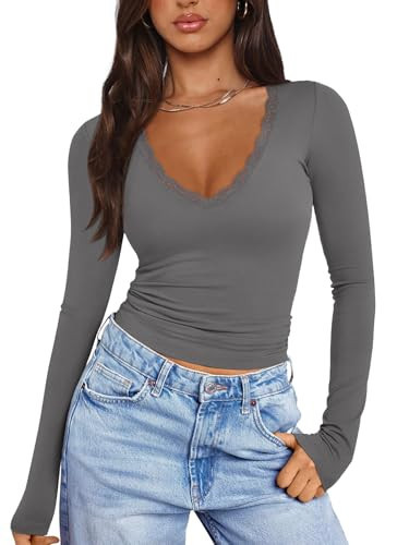 PINKMSTYLE Womens Long Sleeve T Shirts Classic Double Lined V Neck Tops Basic Fashion Winter Sexy Lace Date Night Tee Grey XX-Large | Amazon (US)