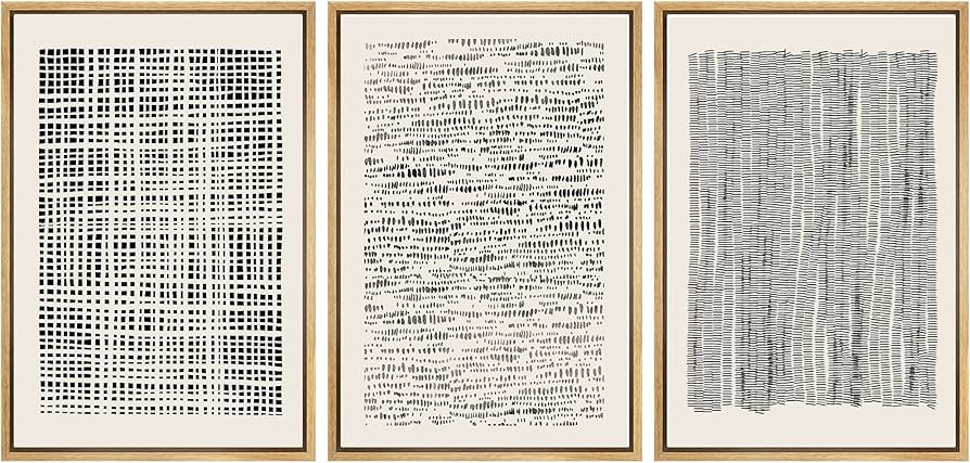 SIGNWIN Framed Canvas Print Wall Art Set Geometric Dark Black Grid Wave Pattern Abstract Shapes C... | Amazon (US)