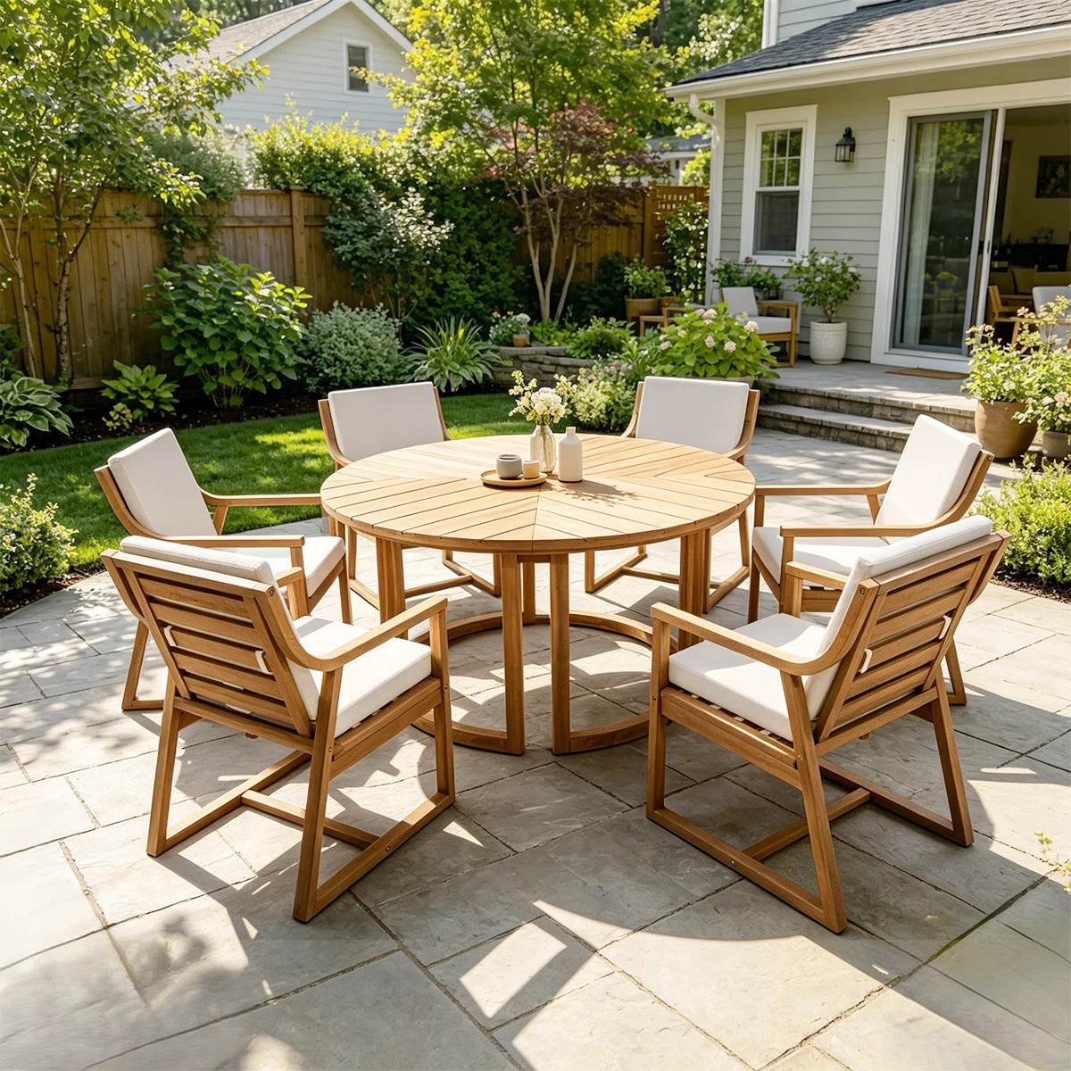 Durable Outdoor Patio Set For 6 - Spacious Round Table With Padded Chairs&Umbrella Hole For Outdo... | Wayfair North America