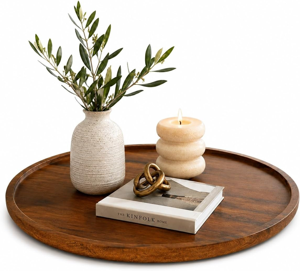 Round Acacia Wood Decorative Tray- 11.8 Inch Diameter | Round Wood Tray,Wooden Candle Tray,Coffee Table Tray,Serving Tray,Tray for Ottoman,Non-Slip,Sturdy & Durable | Amazon (US)