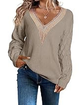 EVALESS Womens Long Sleeve Sweaters Fall 2023 Trendy Sexy Lace V Neck Knit Drop Shoulder Plus Size W | Amazon (US)