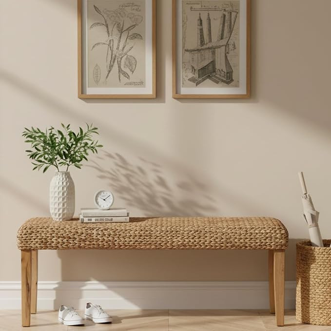 Solid Wood Acacia Indoor Bench with Natural Woven Seat, 47 Inch Wood Bench for Living Room or Ent... | Amazon (US)