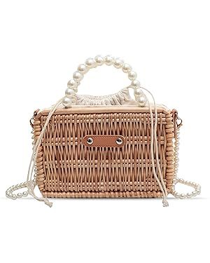 Orgonite Bucket Straw Handbag, Handmade Tote Bag with Pearl Flower, Beach Woven Bag Rattan Basket... | Amazon (US)