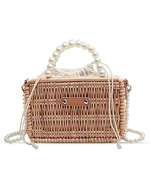 Bucket Straw Handbag, Handmade Tote Bag with Pearl Flower, Beach Woven Bag Rattan Basket Purse Dr... | Amazon (US)