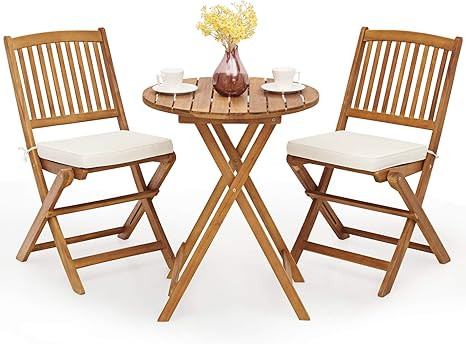 Giantex 3Pcs Patio Bistro Set, Wood Folding Table Set, 2 Cushioned Chairs for Garden Yard, Outdoo... | Amazon (US)