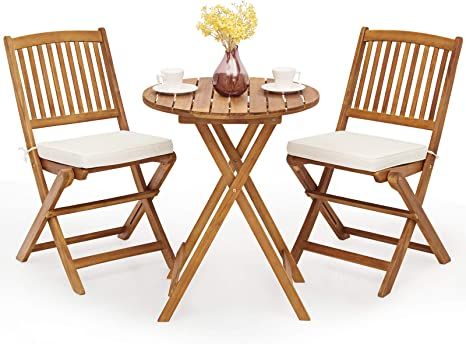 Giantex 3Pcs Patio Bistro Set, Wood Folding Table Set, 2 Cushioned Chairs for Garden Yard, Outdoo... | Amazon (US)