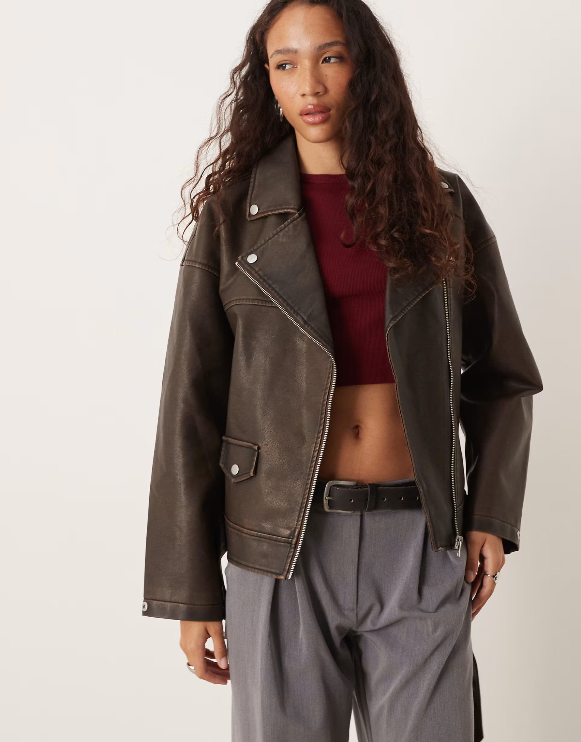 JJXX faux leather biker jacket in brown vintage | ASOS (Global)