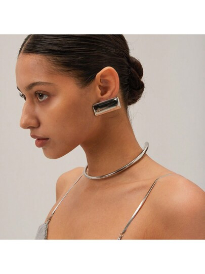 Uworld 1 pièce Boucles d'oreilles/Collier en acier inoxydable à surface lisse de design minimal... | SHEIN