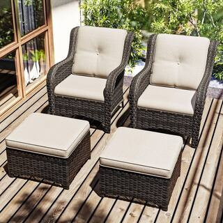 4-Piece Wicker Outdoor Patio Conversation Set with Beige Cushions and Ottoman | The Home Depot
