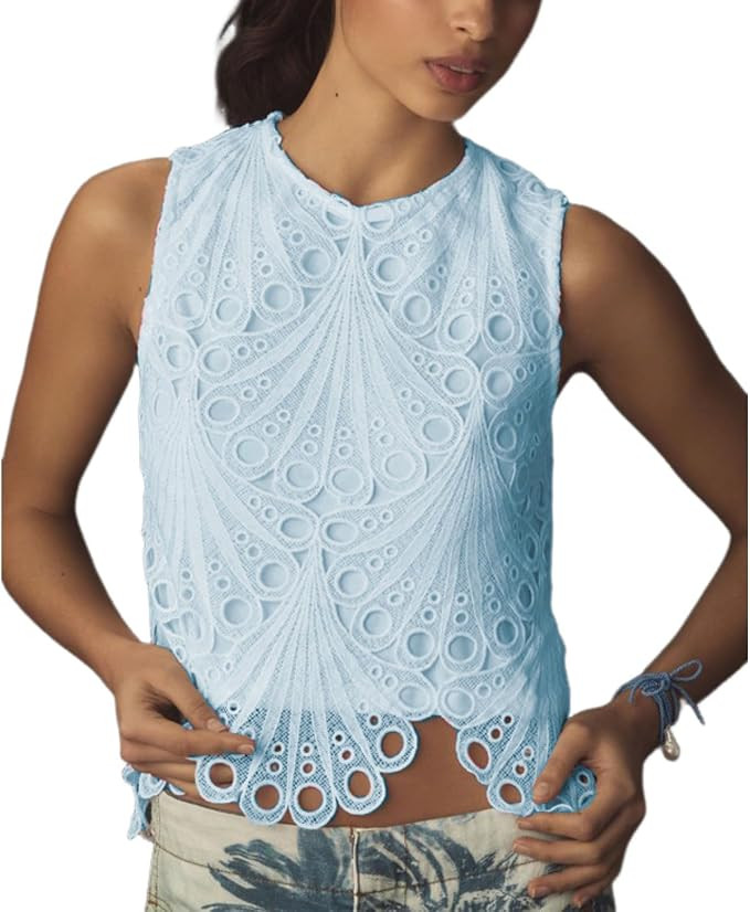 VAOYIU Lace Tank Tops for Women Sleeveless Embroidered Eyelet Blouse | Amazon (US)