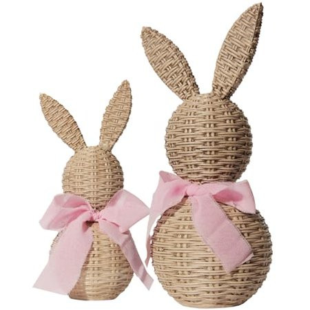 Rattan Effect Resin Bunnies with Light Pink Bow (2-Pcs) - Large & Small Easter Figurine Set - Professional Farmhouse Spring Centerpiece - Elegant Home & Wedding Decor 2026 | Walmart (US)