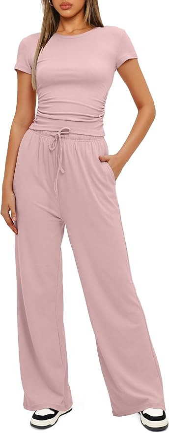 Darong Women's 2 Piece Outfits Lounge Sets Ruched Short Sleeve Tops and High Waisted Wide Leg Pan... | Amazon (US)