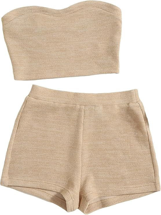 Verdusa Women's 2 Piece Outfit Ribbed Crop Bandeau Tube Top and Biker Track Shorts Sets | Amazon (US)