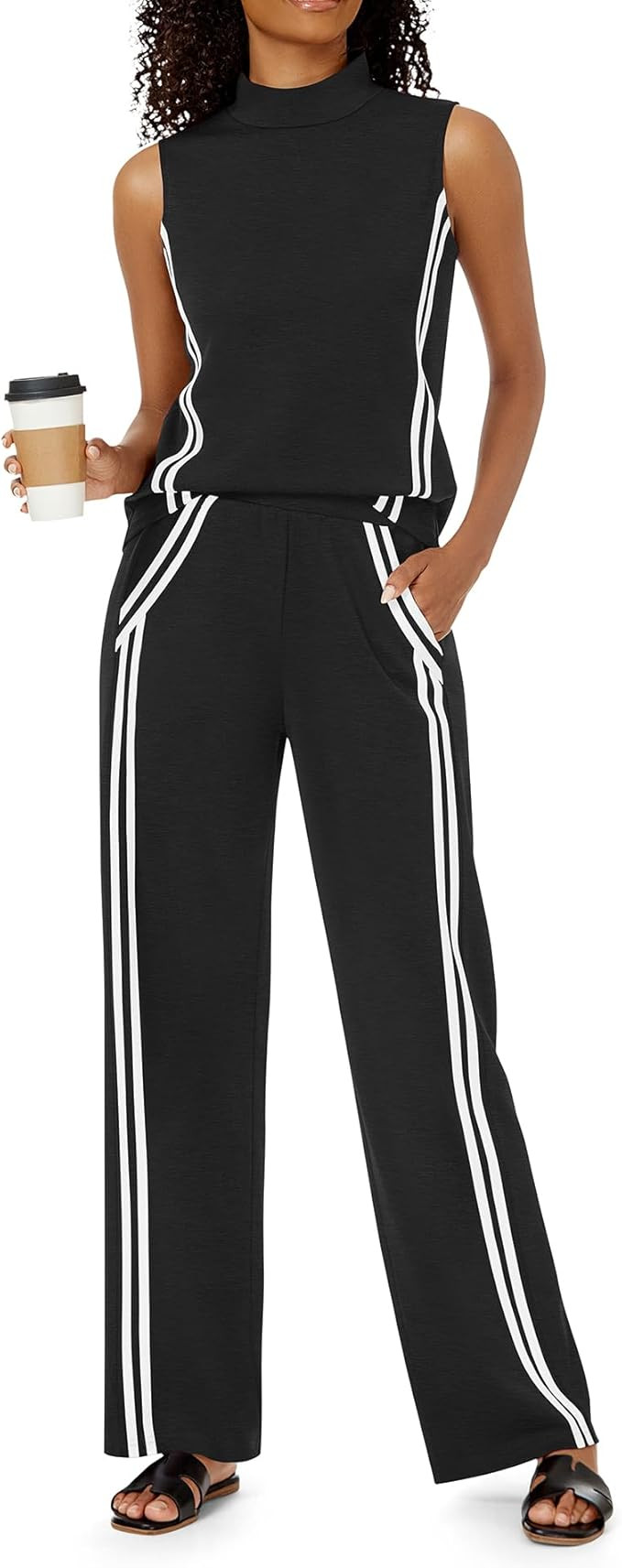 2 Piece Sets for Women Summer Outfits Mock Neck Tank Top Wide Leg Pants Stripes Casual Loungewear... | Amazon (US)