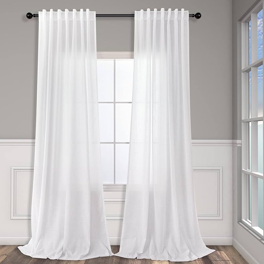 102 Inch Curtains White Linen Drapes for Bedroom 2 Panels Set Back Tab Loop Pocket Cotton Texture... | Amazon (US)