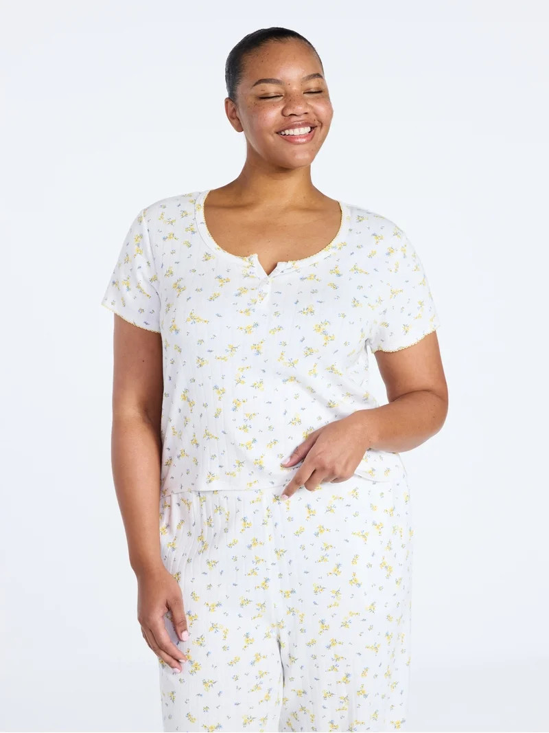 Joyspun Women’s Pointelle Knit Sleepwear Henley Tee with Short Sleeves, Sizes XS-3X | Walmart (US)