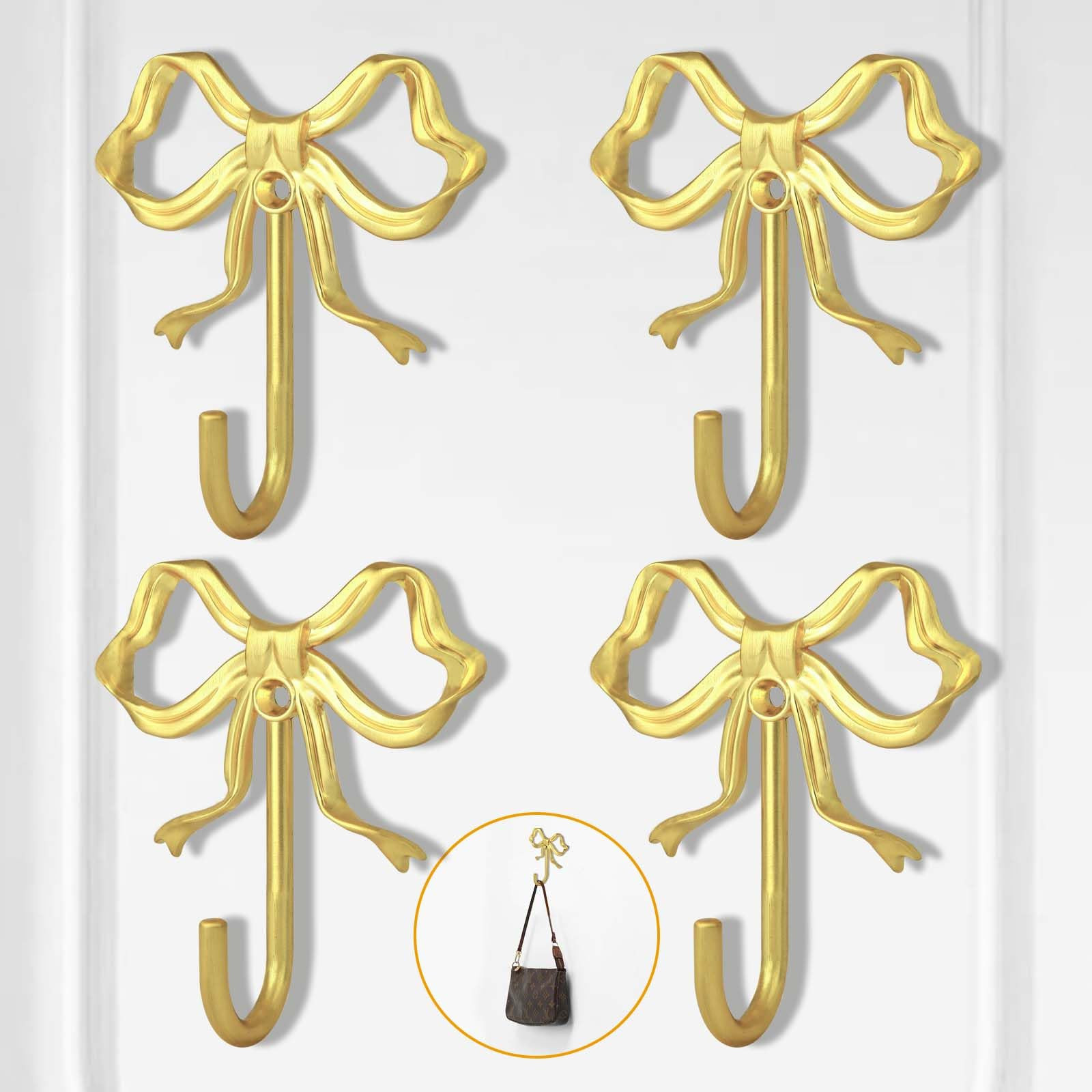 4 PCS Large Size Gold Bow Wall Hooks, Gold Coat Hooks, Metal Hooks, Bow Room Decor Hooks for Coat... | Amazon (US)