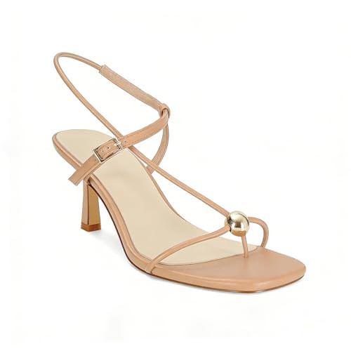XBKXMK Tan Strappy Heels for Women Open Square Toe Slingback Kitten Heeled Sandals Dressy Beach Thong Flip Flop Slides Sandals | Amazon (US)