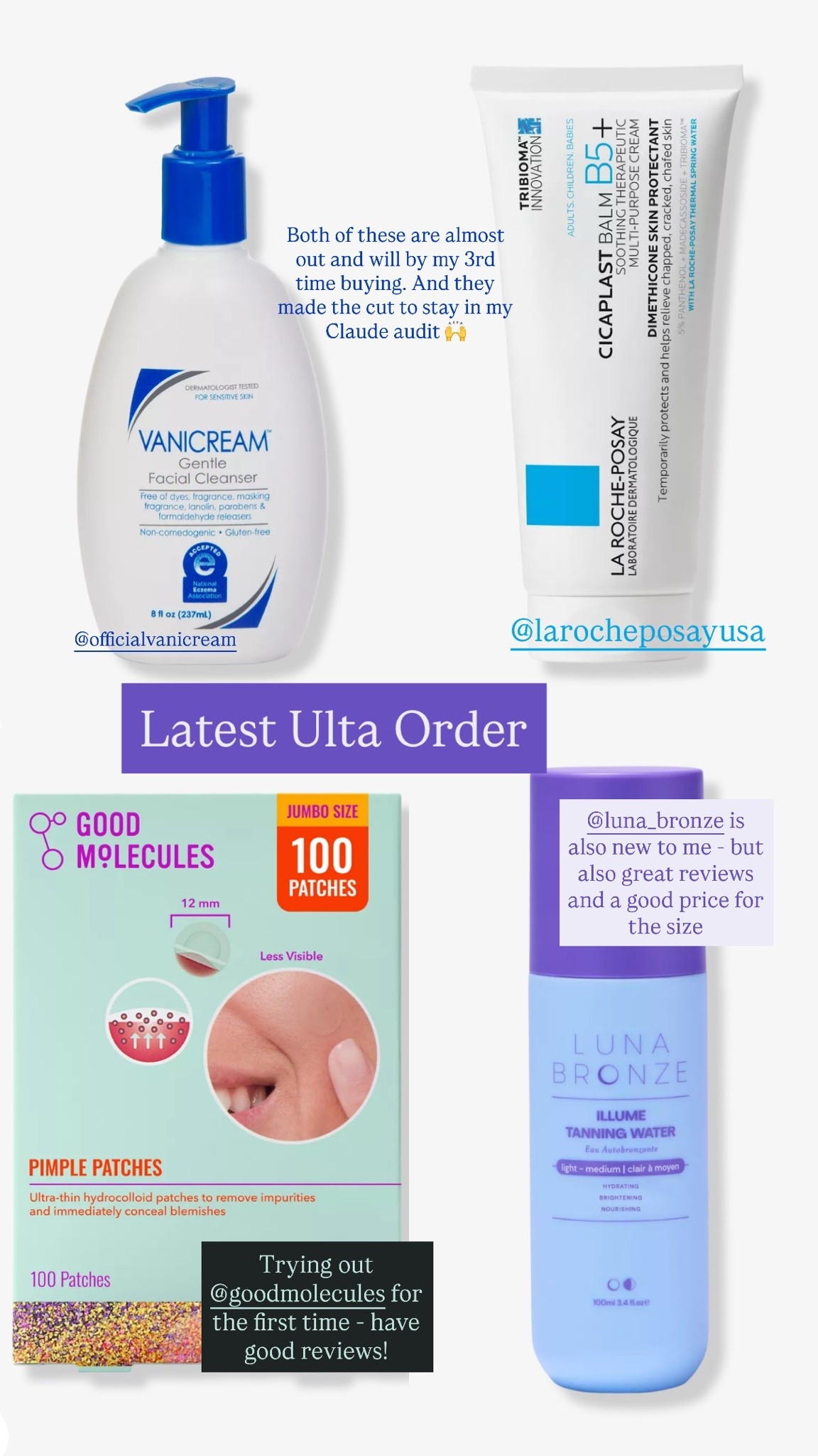Restocked a few favorites + trying some new items at @ULTA Beauty 

The Vanicream and LRP products have been repeat purchases and were included in my recent AI skincare edit, so they stay. 

Trying Good Molecules and Luna Bronze for the first time (find the Claude prompt on my IG thebrit.edit

#LTKgrwm #LTKBeauty