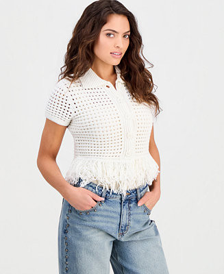 Petite Short-Sleeve Johnny-Collar Fringe Sweater, Macy's Exclusive | Macy's