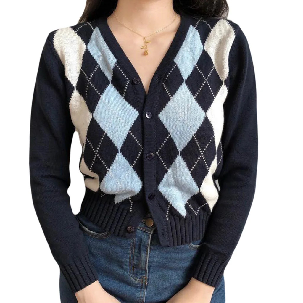 ZPAQI Women Long Sleeve Button Down Knit Cardigan Vintage Argyle Plaid Sweater Coat | Walmart (US)
