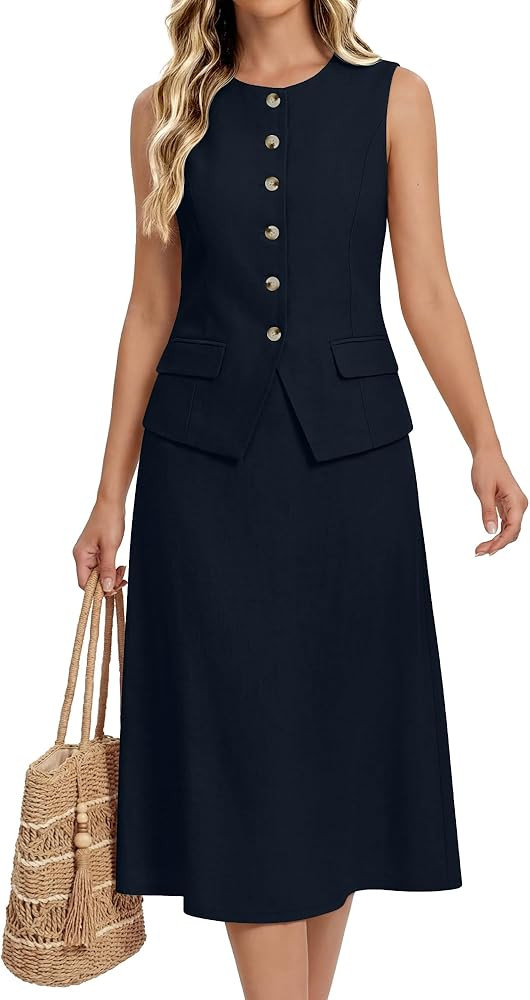 Women's 2 Piece Blazer Outfits Button Vest Knee Length a Line Skirt Set Teacher Church Business W... | Amazon (US)