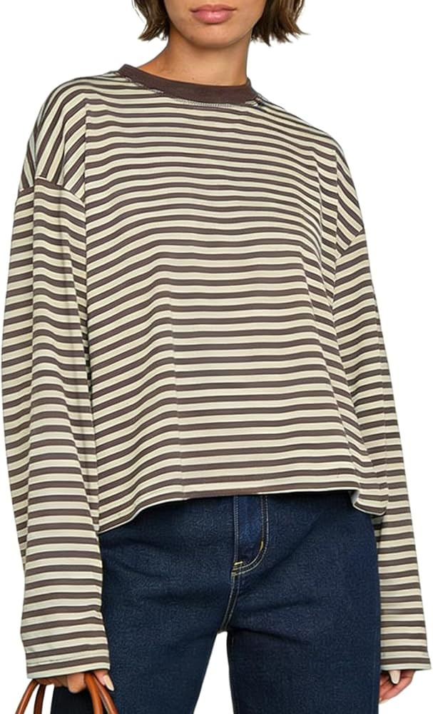 Y2k Womens Striped Cropped Shirt Drop Shoulder Long Sleeve Crewneck Sweatshirt Fairy Grunge Sweat... | Amazon (US)