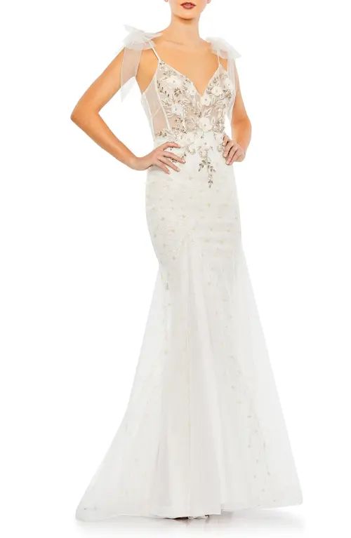 Mac Duggal Floral Embellished V-Neck Gown in White Gold at Nordstrom, Size 12 | Nordstrom