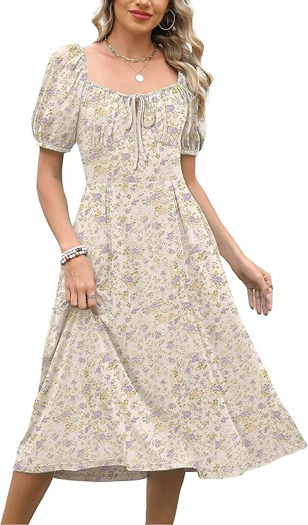 Caracilia Women Summer Casual Midi Dress Puff Short Sleeve Square Neck Floral Wedding Guest Party... | Amazon (US)