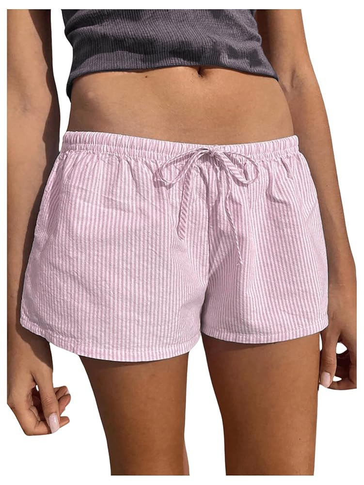 Women's Striped Print Drawstring Elastic Waist Shorts Casual Wide Leg Low Rise Summer Boxer Short... | Amazon (US)