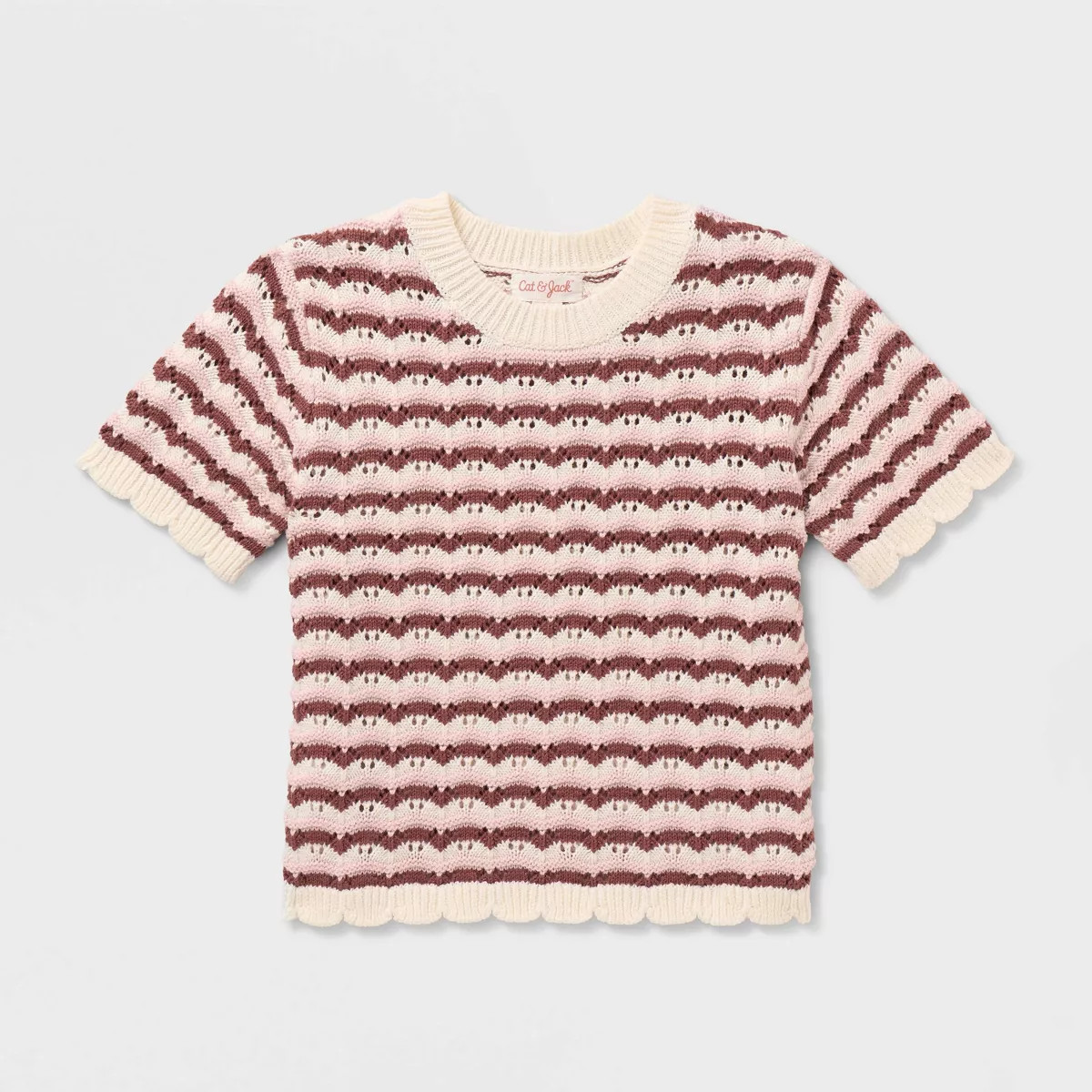Toddler Girls' Short Sleeve Striped Crewneck Sweater - Cat & Jack\u2122 Pink/Brown 5T | Target