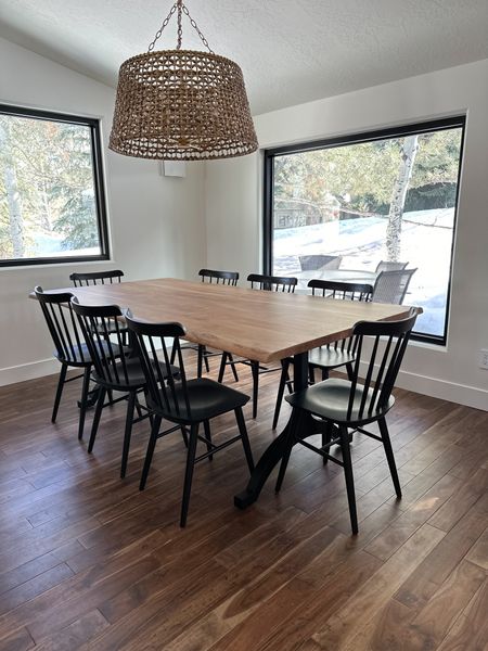 Solid wood dining table with wishbone legs. Black dining chairs. Woven pendant. Ballard designs Wayfair finds. Serena and Lily dining table. Farmhouse.

#LTKhome #LTKstyletip #LTKsalealert