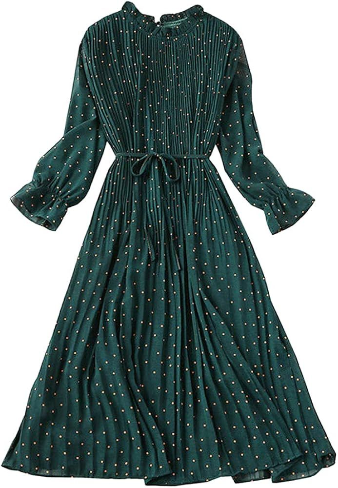 YM YOUMU Women Chiffon Polka Dot Pleated Midi Dress Long Ruffle Sleeve Summer Vacation Dress (Gre... | Amazon (US)