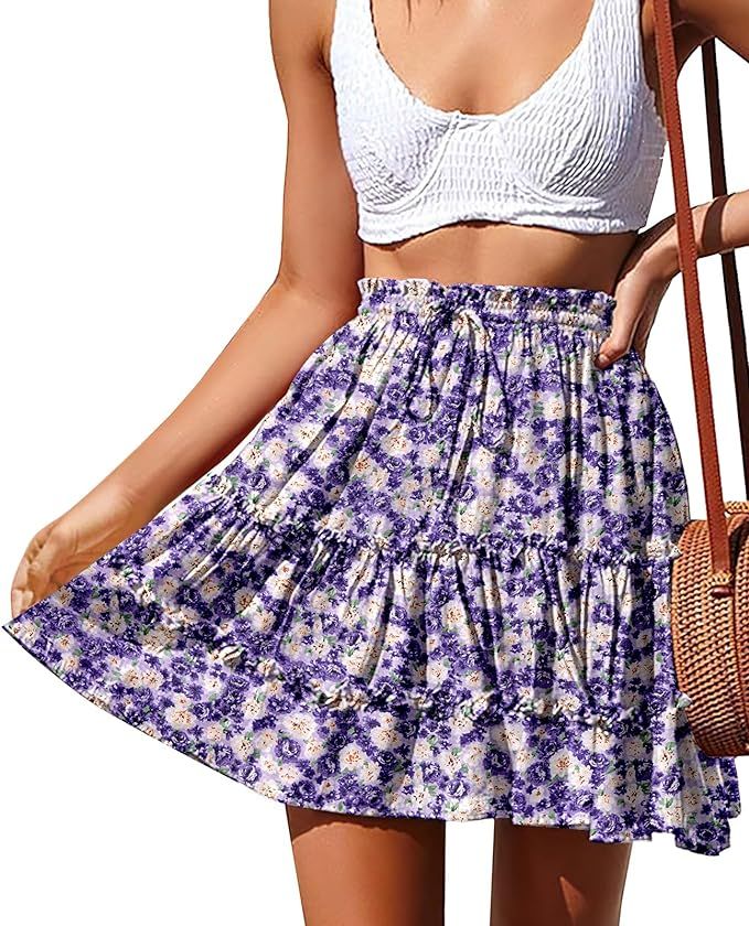 NASHALYLY Women's Summer Boho Floral Print Mini Skirt High Waist Drawstring TieFlame Rose Skirts | Amazon (US)