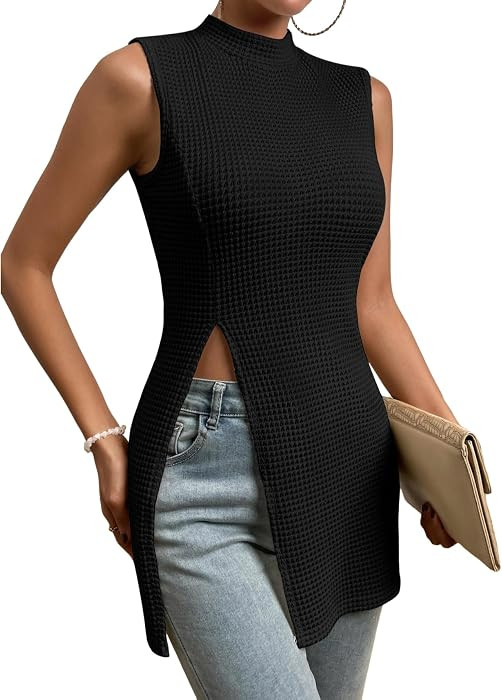 Floerns Women's Casual Sleeveless Mock Neck Split Hem Tank Top | Amazon (US)
