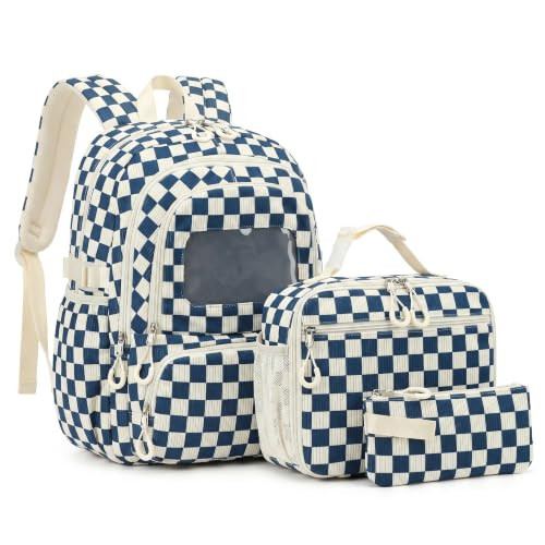 Corduroy School Backpack Set for Girls Boys Women, 3Pcs Kids Bookbag with Lunch Box & Pencil Pouch, Elementary Middle High School College Daypack 15.6" Laptop Bag for Work Travel, Checkered Navy Blue | Amazon (US)