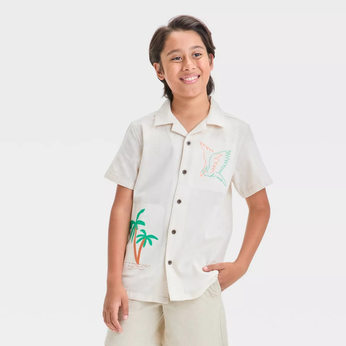 Boys' Short Sleeve Embroidered Button-Down Shirt - Cat & Jack™ Cream | Target