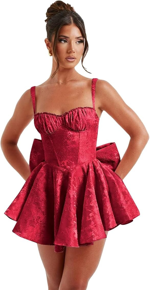 Homecoming Dresses for Teens with Bow Spaghetti Strap Jacquard Satin HOCO Dress Short Prom Dresse... | Amazon (US)