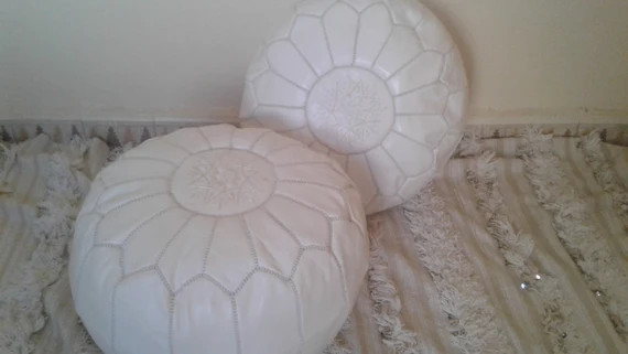 BEST OFFER 20% Set of 2 Leather poufs, ottoman luxury white floor poufs, moroccan home decor | Etsy (US)