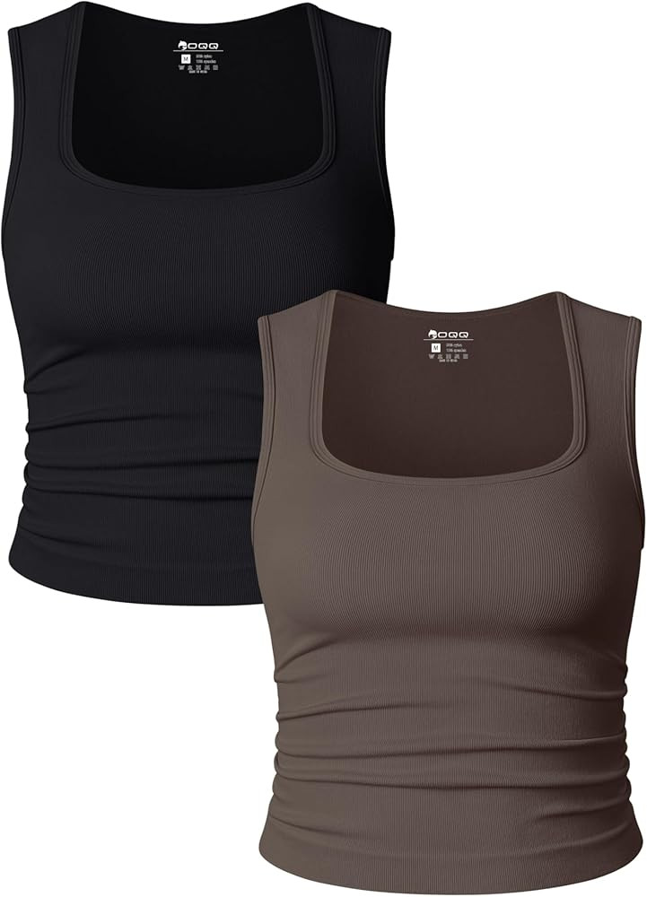 OQQ Womens 2 Piece Crop Tops Rueched Sleeveless Square Neck Stretch Basic Tank Shirts | Amazon (US)