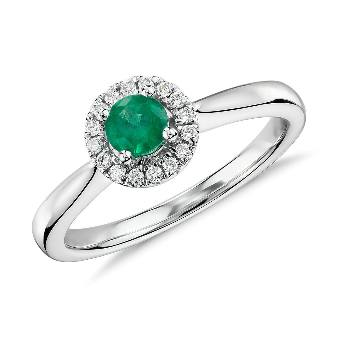 Petite Round Emerald and Diamond Pavé Halo Ring in 14k White Gold (4mm) | Blue Nile | Blue Nile Asia